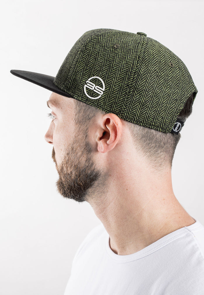 Blackskies-Rhea-Snapback-Cap-Green-Herringbone-Baseball-Hat-Flat-Brim-Model