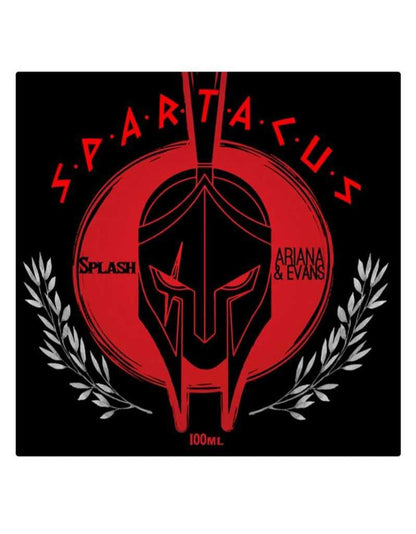 Spartacus aftershave splash label featuring a red and black Spartan helmet design
