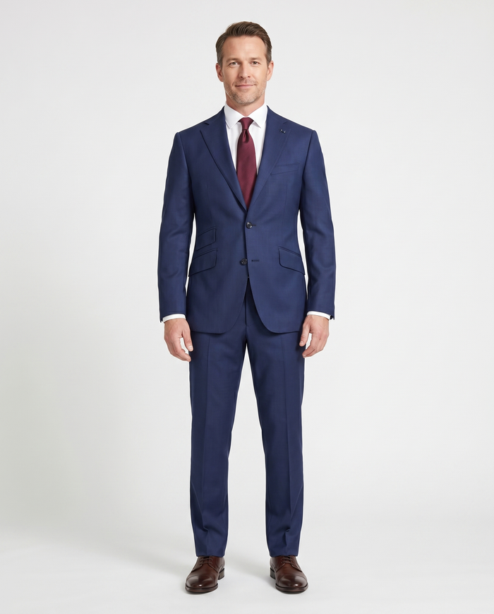 Arthur Black Solid Dark Blue Slim Fit Marzotto Gabardine Wool 2-Button Suit - The Suit Depot