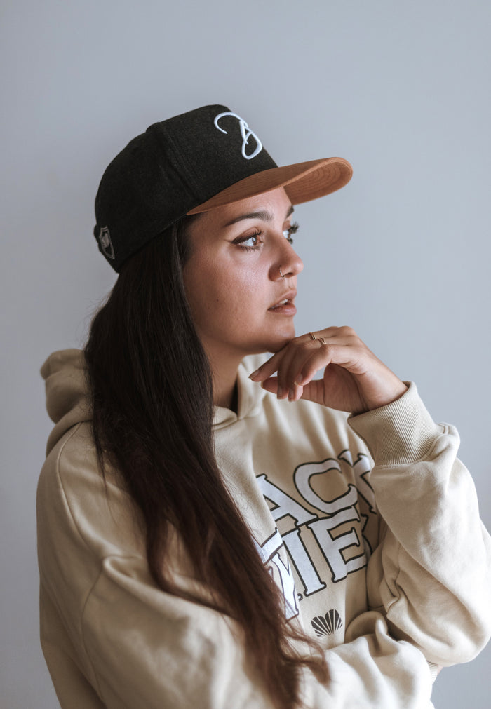 Blackskies-B-Script-Flannel-Snapback-Cap-Charcoal-Premium-Hat-Model