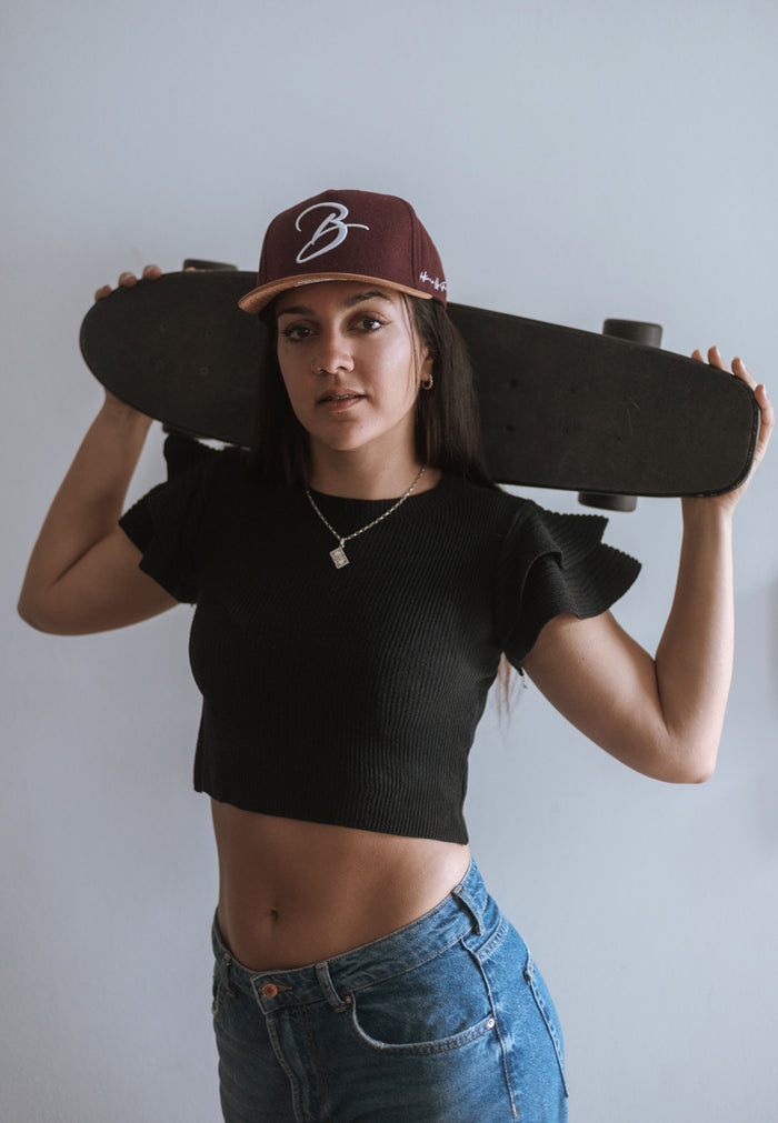 Blackskies-B-Script-Flannel-Snapback-Cap-Maroon-Premium-Hat-Model