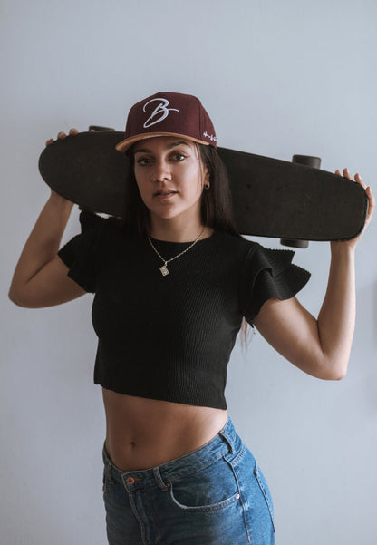 Blackskies-B-Script-Flannel-Snapback-Cap-Maroon-Premium-Hat-Model