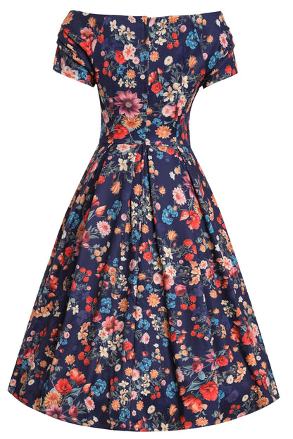 Lily Blue Botanical Floral Off Shoulder Dress