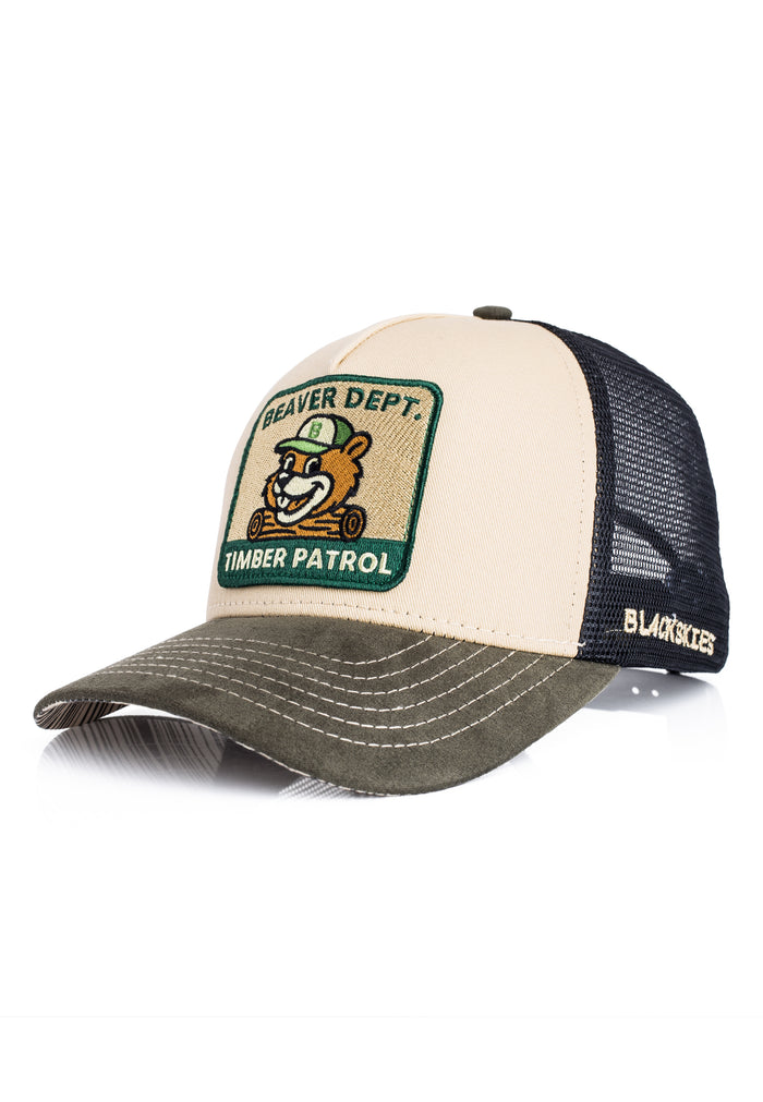 Trucker hat with a logo and text on a white background