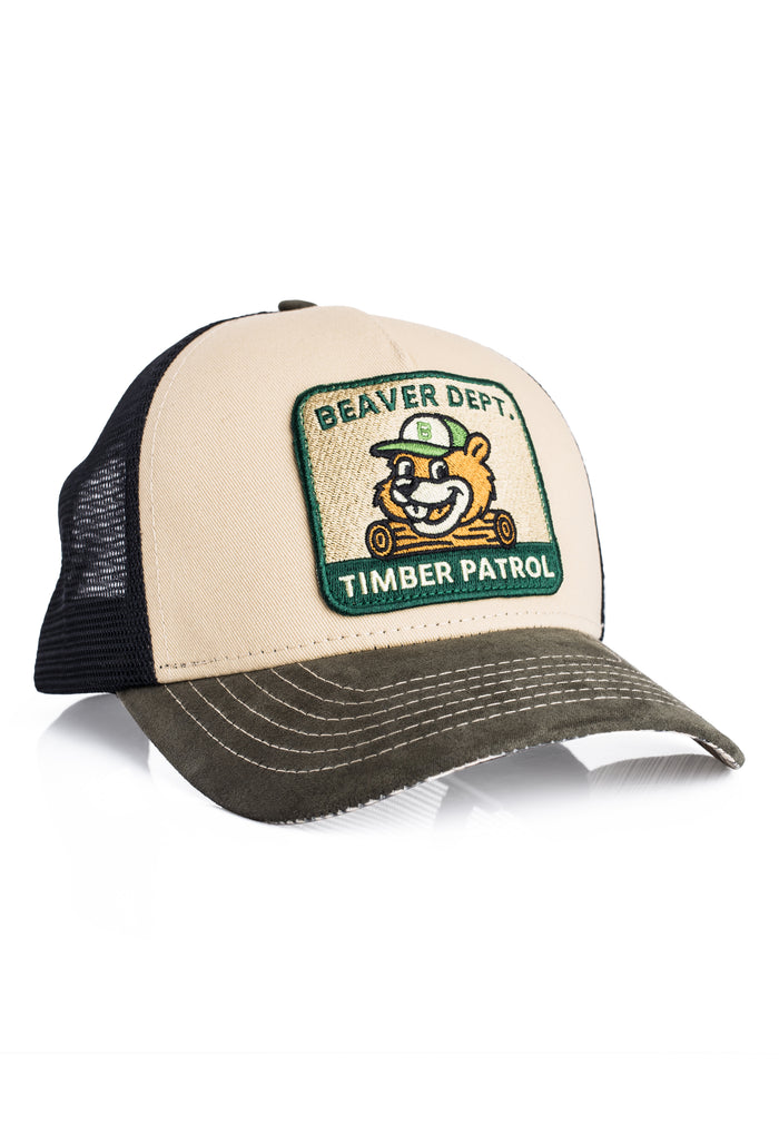 Beige and green cap with 'Beaver Dept. Timber Patrol' patch on a white background