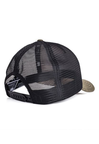 Black mesh cap with beige bill on a white background