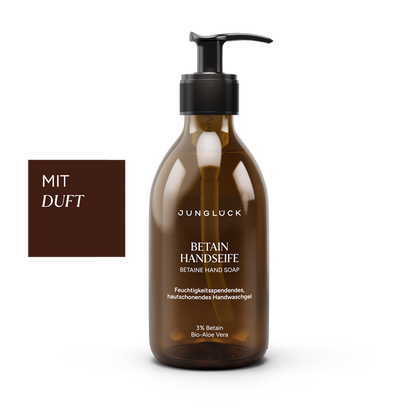 Braunglasflasche mit Pumpverschluss, Betain Handseife 240ml, feuchtigkeitsspendend, mit Duft, Ergänzung Bio-Aloe Vera.