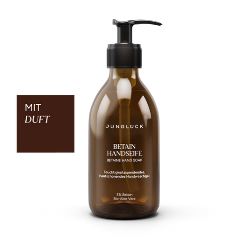 Braunglasflasche mit Pumpverschluss, Betain Handseife 240ml, feuchtigkeitsspendend, mit Duft, Ergänzung Bio-Aloe Vera.