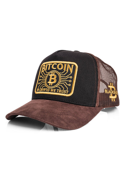 Black and brown cap with Bitcoin logo and 'Crypto We Trust' text on a white background