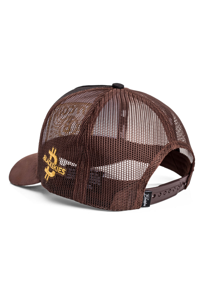 Brown mesh cap with a bitcoin logo on a white background