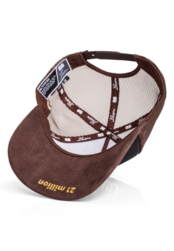 Brown cap with bitcoin logo and 21 million embroidery with mesh back and visible branding on a white background