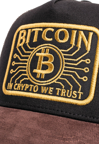 Black cap with Bitcoin logo and 'In Crypto We Trust' text on a white background