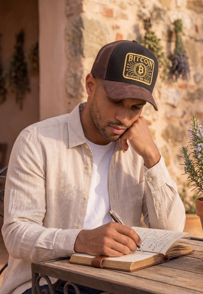 Man wearing a Bitcoin cap, sitting at an outdoor table writing in a notebook.