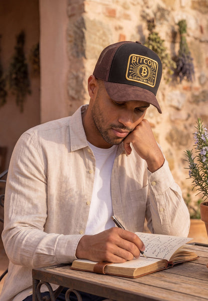 Man wearing a Bitcoin cap, sitting at an outdoor table writing in a notebook.