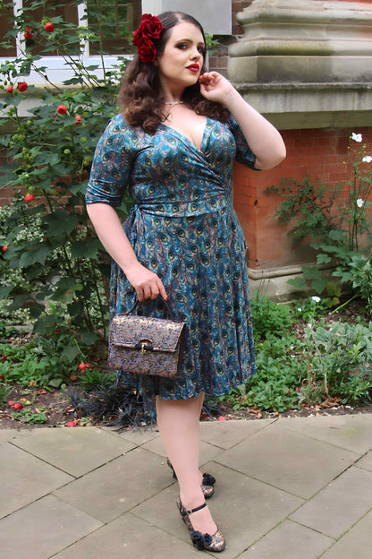 Matilda Blue Peacock Feather Wrap Dress