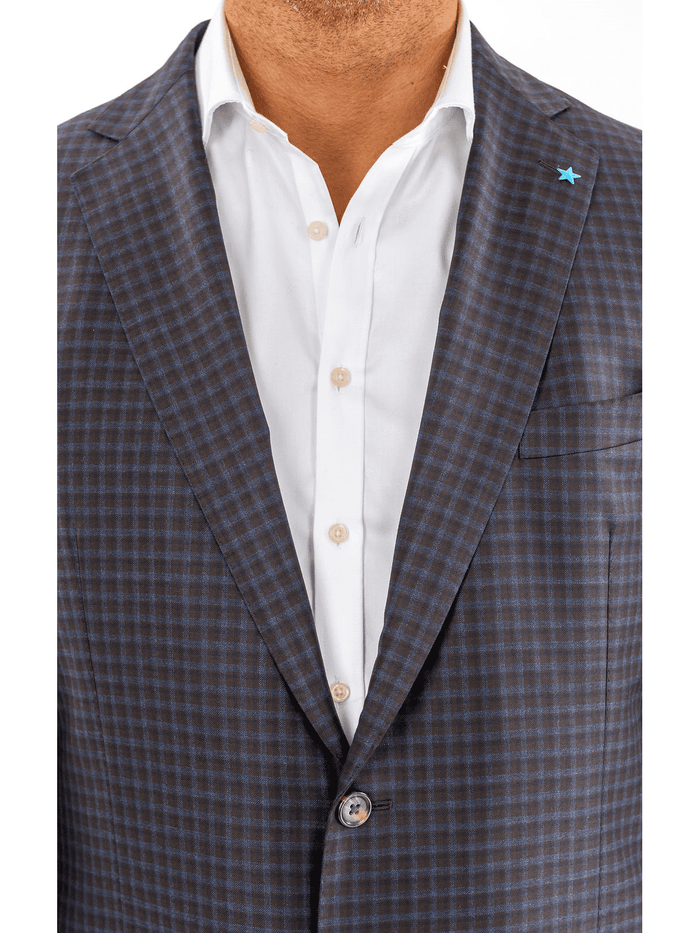 Blujacket BLAZERS Blujacket Mens Brown & Blue Plaid Reda Wool Regular Fit Blazer Sportcoat