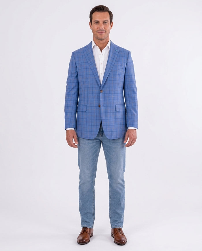 Blujacket Mens Light Blue Plaid Regular Fit 100% Wool Blazer Sportcoat