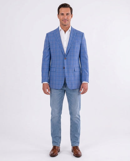 Blujacket Mens Light Blue Plaid Regular Fit 100% Wool Blazer Sportcoat