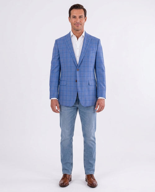 Blujacket Mens Light Blue Plaid Regular Fit 100% Wool Blazer Sportcoat
