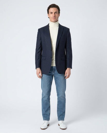 Blujacket Mens Navy Blue Regular Fit Silk Cashmere 2 Button Blazer Sportcoat