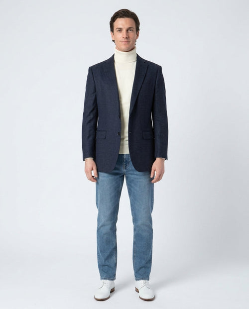 Blujacket Mens Navy Blue Regular Fit Silk Cashmere 2 Button Blazer Sportcoat