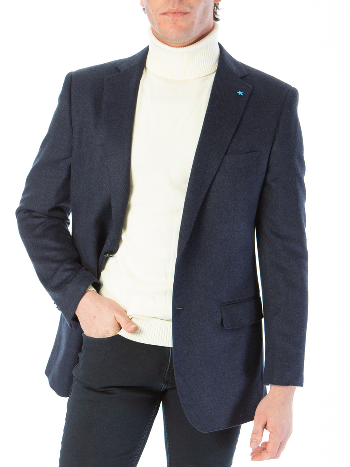 Blujacket Mens Navy Blue Regular Fit Silk Cashmere 2 Button Blazer Sportcoat