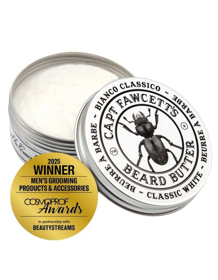 Bianco Classico Beard Butter tin with award badge, light hold, UK made