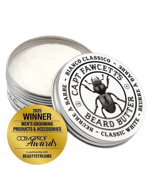 Bianco Classico Beard Butter tin with award badge, light hold, UK made