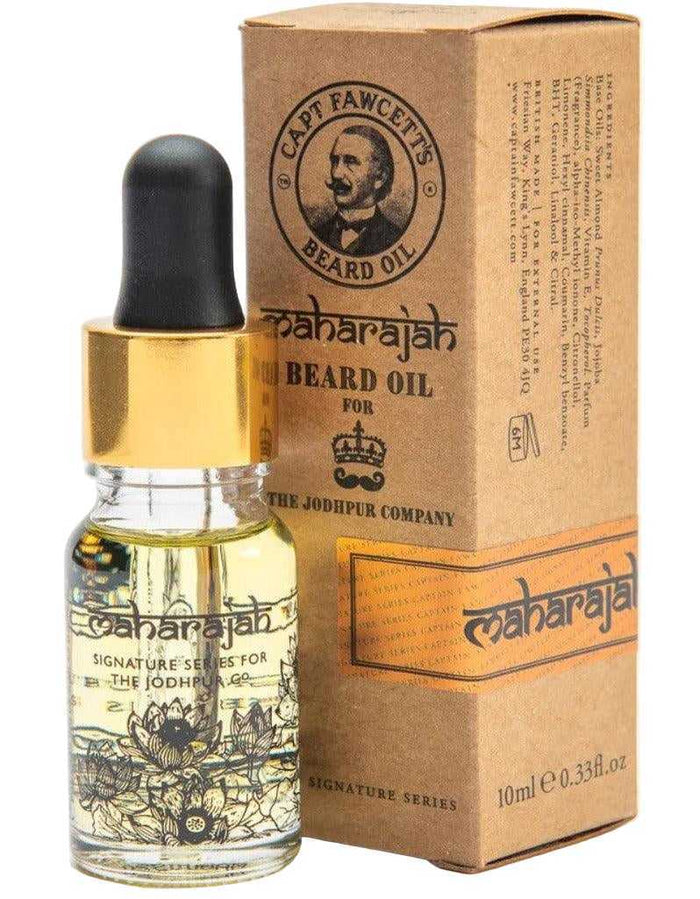 Captain Fawcett Maharajah Beard Oil bottle with gold cap and floral design