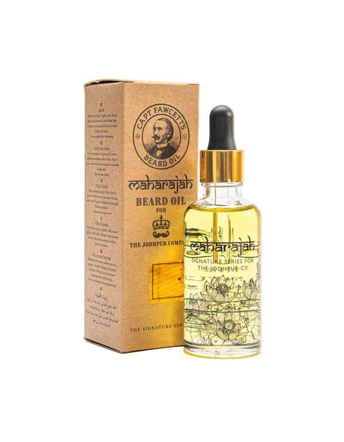 Maharajah Beard Oil packaging box with vintage logo and product details