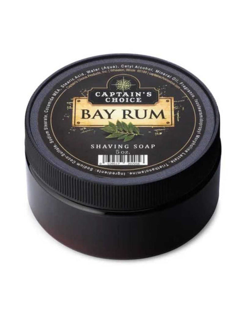 Bay Rum shaving soap in black tub with classic scent label