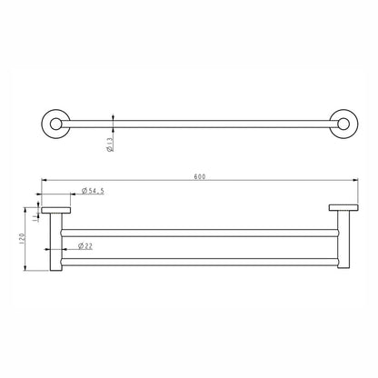 Classic Gun Metal 600mm Double Towel Rail technical drawing