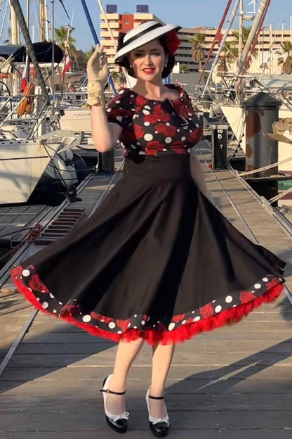 Darlene Rockabilly Rose Polka Dot Swing Dress
