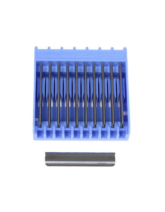 Blue storage case with replacement blades for Feather Nape Razor