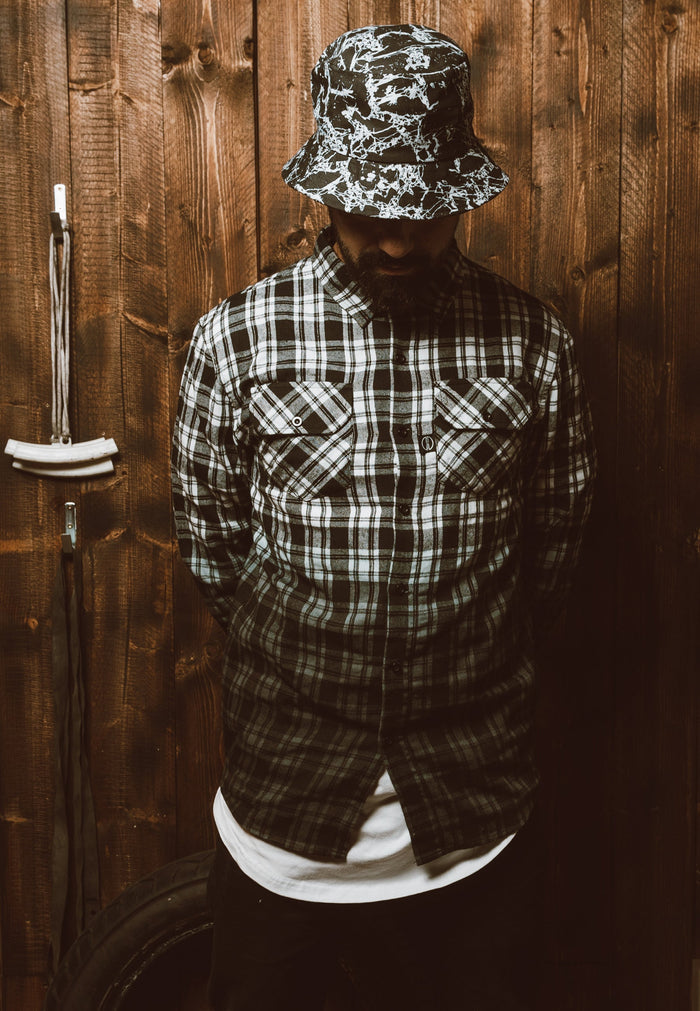 BS-BU-003-Fenrir-Vol-II-Bucket-Hat-Model-Dip-Dye-Ombre-Plaid-Shirt