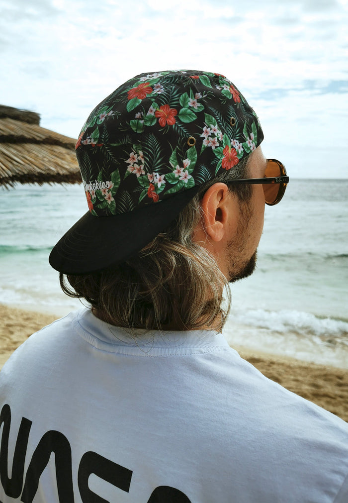 Blackskies-Oahu-Vol-II-5-Panel-Cap-Floral-Camp-Hat-Green-Black-Beach-Surf-Model