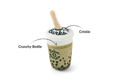 Fog City Pet x Play Matcha Boba dog toy with a straw labeled with Crunchy Bottle and Crinkle callouts on a white background.