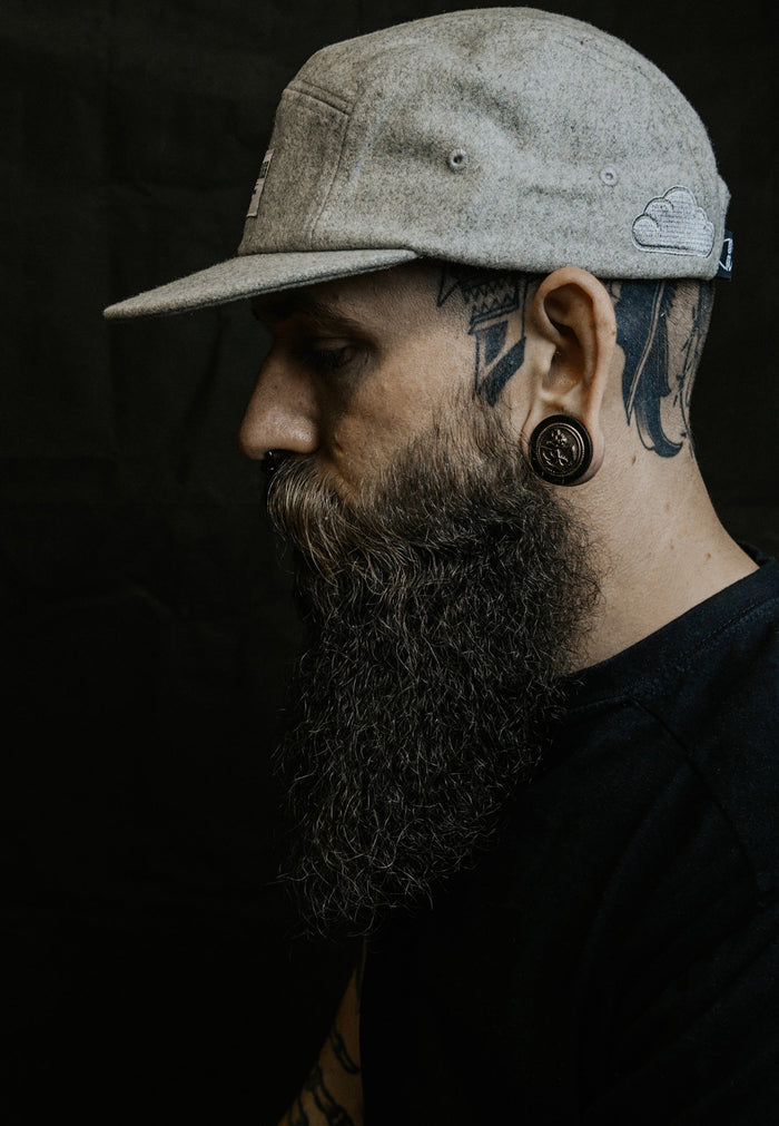 Blackskies-Glacier-5-Panel-Cap-Wool-Flannel-Grey-Arctic-Hat-Model