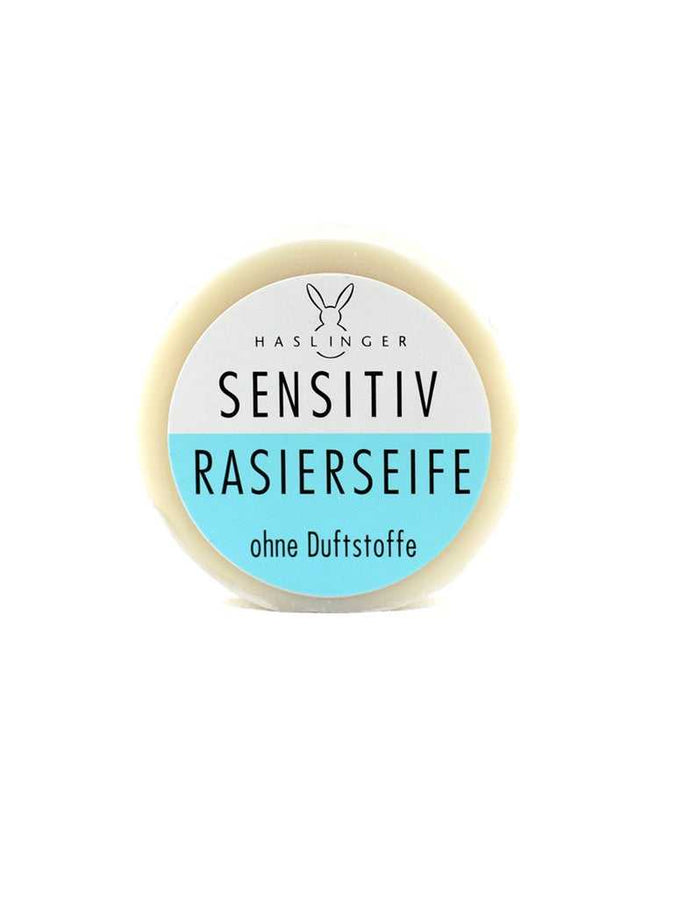 Haslinger Sensitive Shaving Soap with bunny logo, natural ingredients, gentle hydration, for sensitive skin