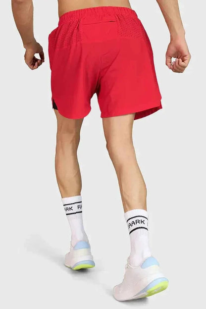 Red Hyper 5-inch running shorts by Fuaark NZ, high-performance athletic shorts with lightweight fabric and breathable design.