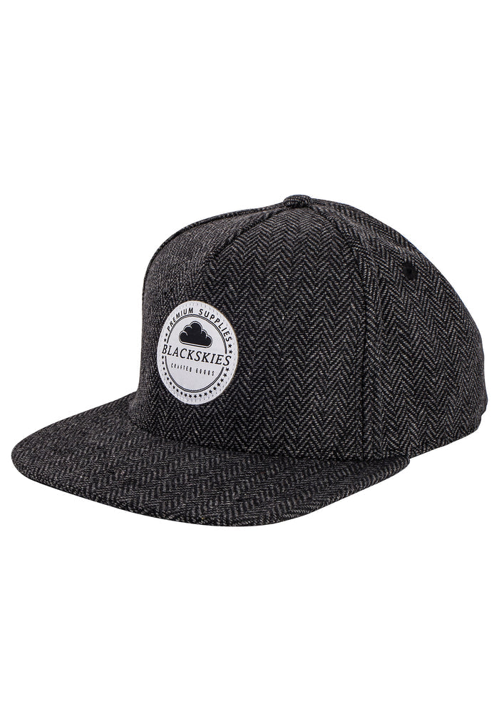 Blackskies-Hyperion-Snapback-Cap-Herringbone-Wool-Black-Grey-Baseball-Hat-Front