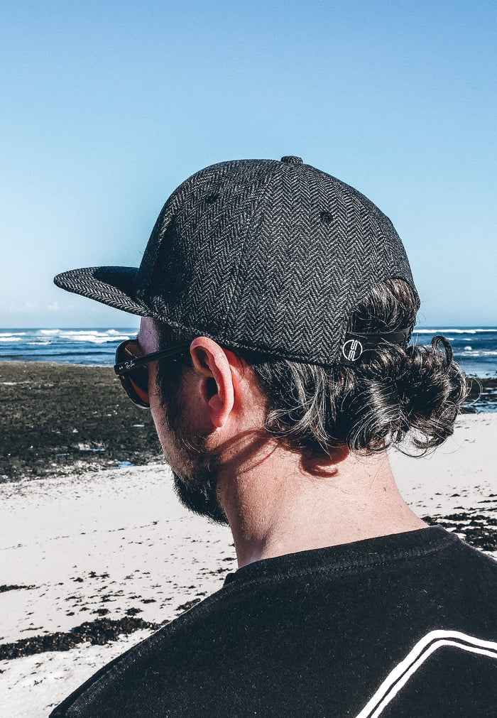 Blackskies-Hyperion-Snapback-Cap-Herringbone-Wool-Black-Grey-Baseball-Hat-Model-Surf