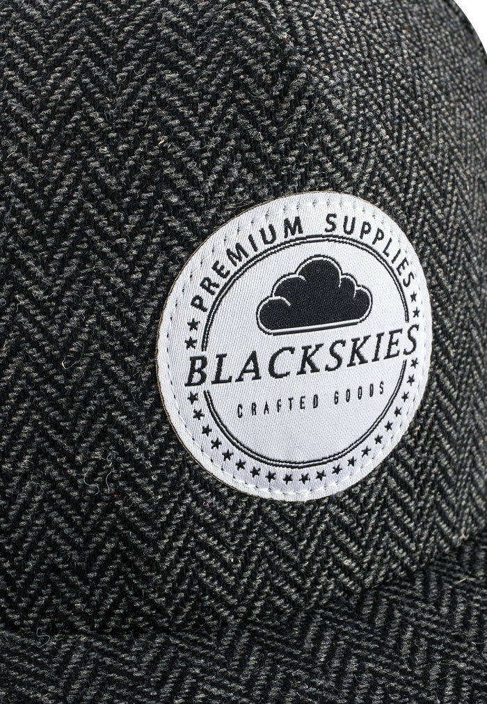 Blackskies-Hyperion-Snapback-Cap-Herringbone-Wool-Black-Grey-Baseball-Hat-Detail