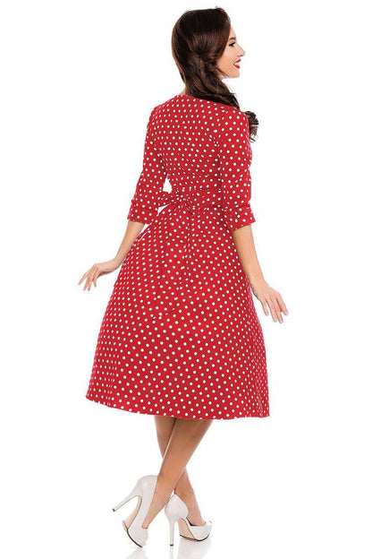 Katherine Long Sleeve 50s Style Swing Dress in Red Polka