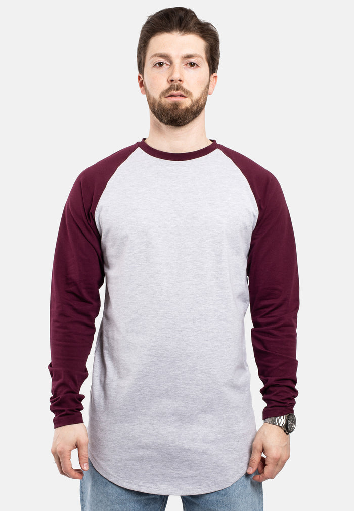 Blackskies-Longline-Baseball-Long-Sleeve-T-Shirt-Ash-Grey-Maroon-Mens-Long-Tee-Front