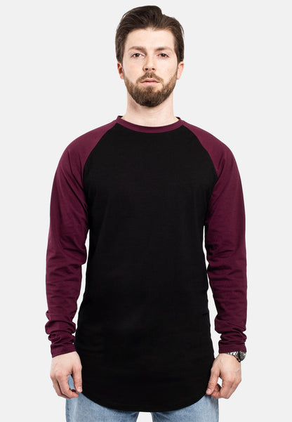Blackskies-Longline-Baseball-Long-Sleeve-T-Shirt-Black-Maroon-Mens-Long-Tee-Front