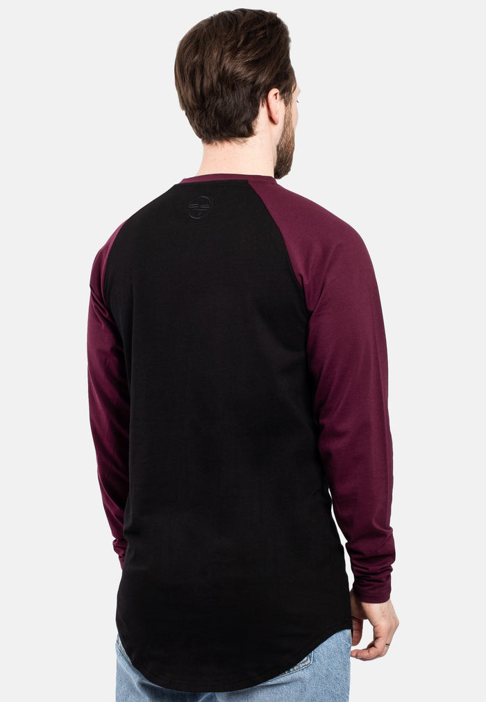 Blackskies-Longline-Baseball-Long-Sleeve-T-Shirt-Black-Maroon-Mens-Long-Tee-Back-Curved