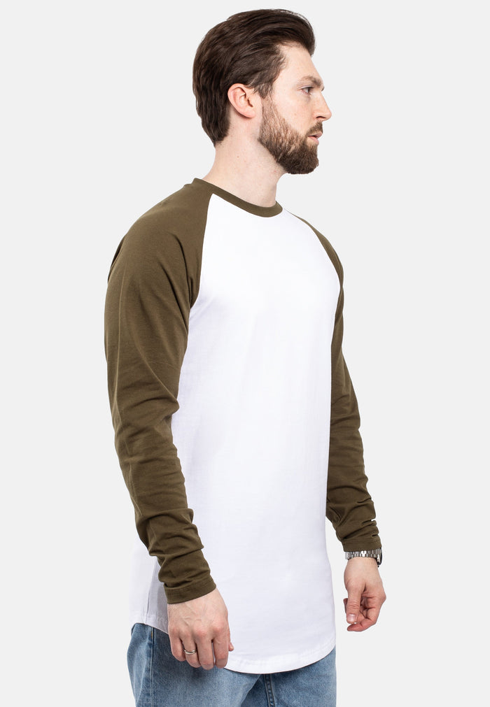 Blackskies-Longline-Baseball-Long-Sleeve-T-Shirt-White-Olive-Mens-Long-Tee-Side-Curved