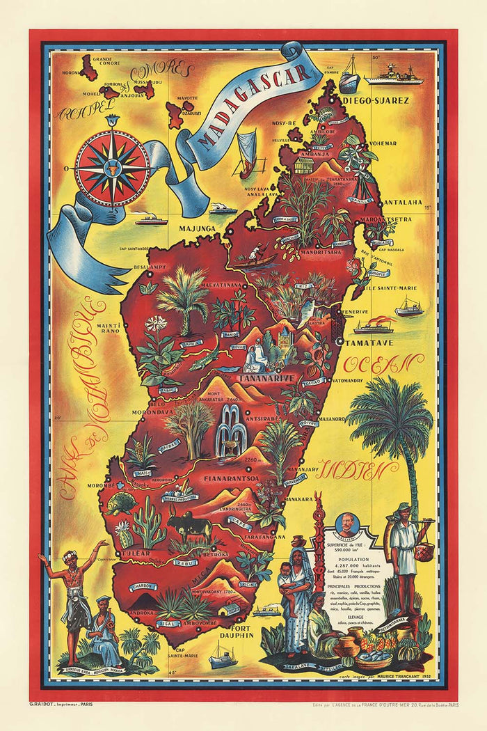 Madagascar Travel Poster: Superficie de l’ïle by Maurice Tranchant de Lunel, 1952