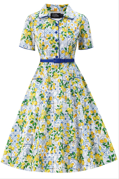 Mabel Mediterranean Lemon Midi Shirt Dress In White